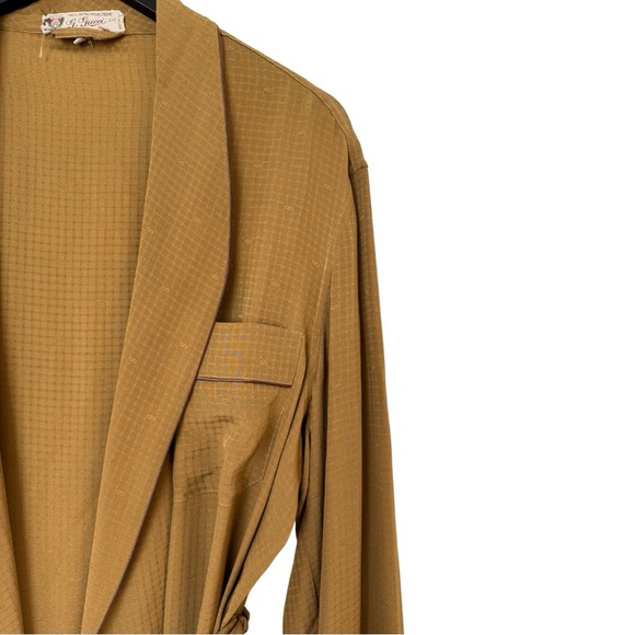Gucci 1970s Vintage Men’s 52 Silk Robe Long Line Tonal Micro Logo Amber Tan - Picture 4 of 11